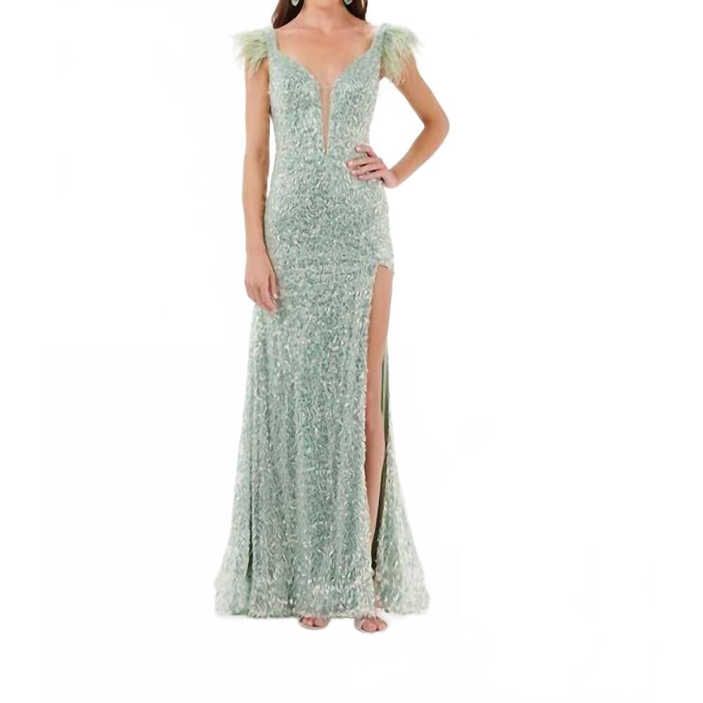 NEW HOUSE OF WU all over sequin feather trim gown in sage
